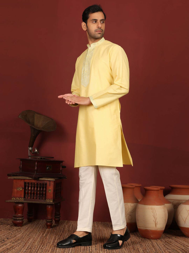 Light Yellow Delux Cotton Straight Kurta with Jacquard Neck Design