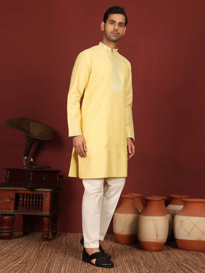 Light Yellow Delux Cotton Straight Kurta with Jacquard Neck Design