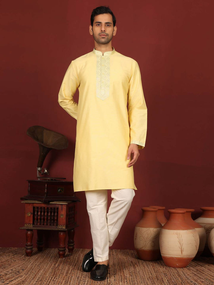 Light Yellow Delux Cotton Straight Kurta with Jacquard Neck Design