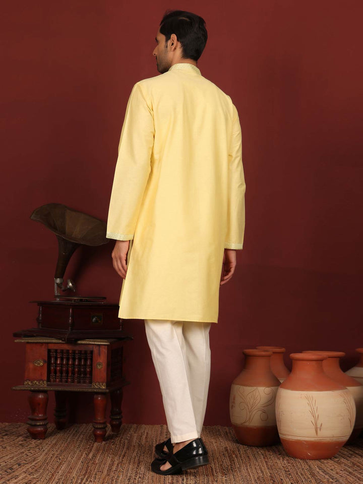 Light Yellow Delux Cotton Straight Kurta with Jacquard Neck Design