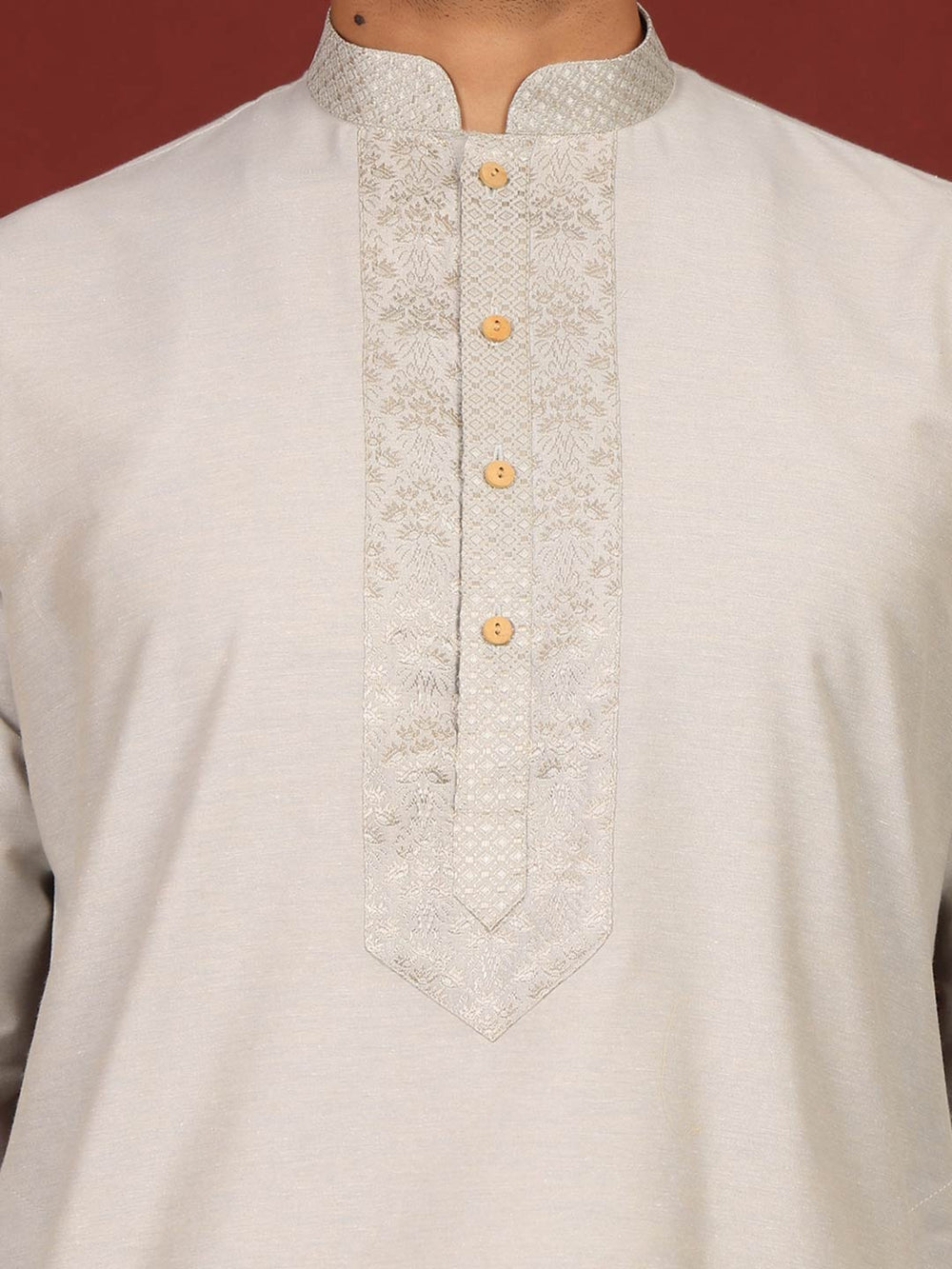 Gray Delux Cotton Straight Kurta with Jacquard Neck Design – Gray-1