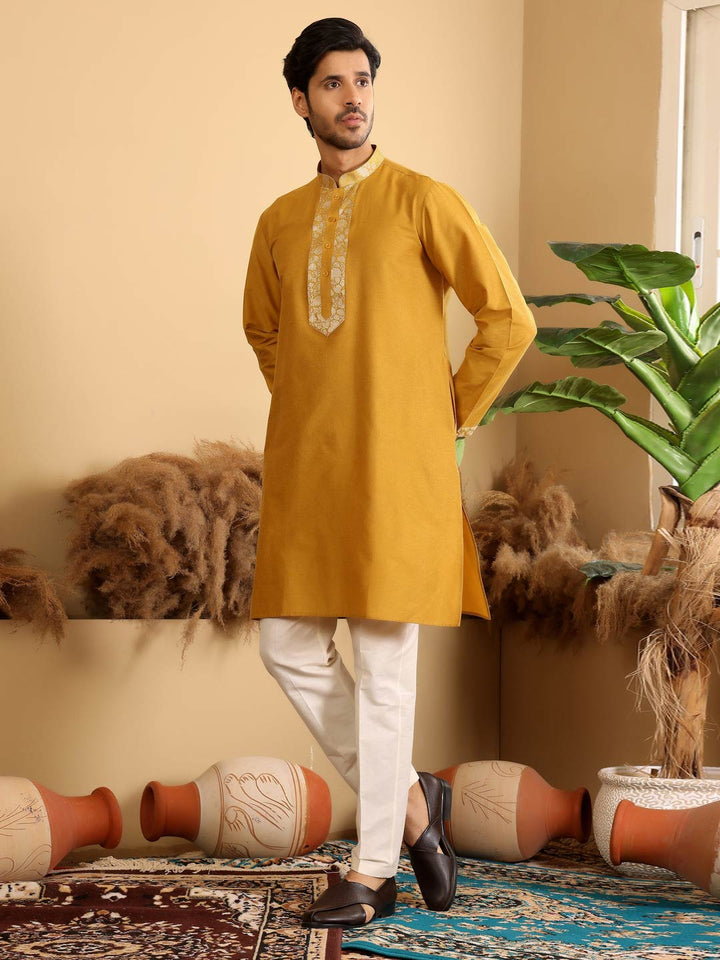 Mustard Delux Cotton Straight Kurta with Jacquard Neck Design