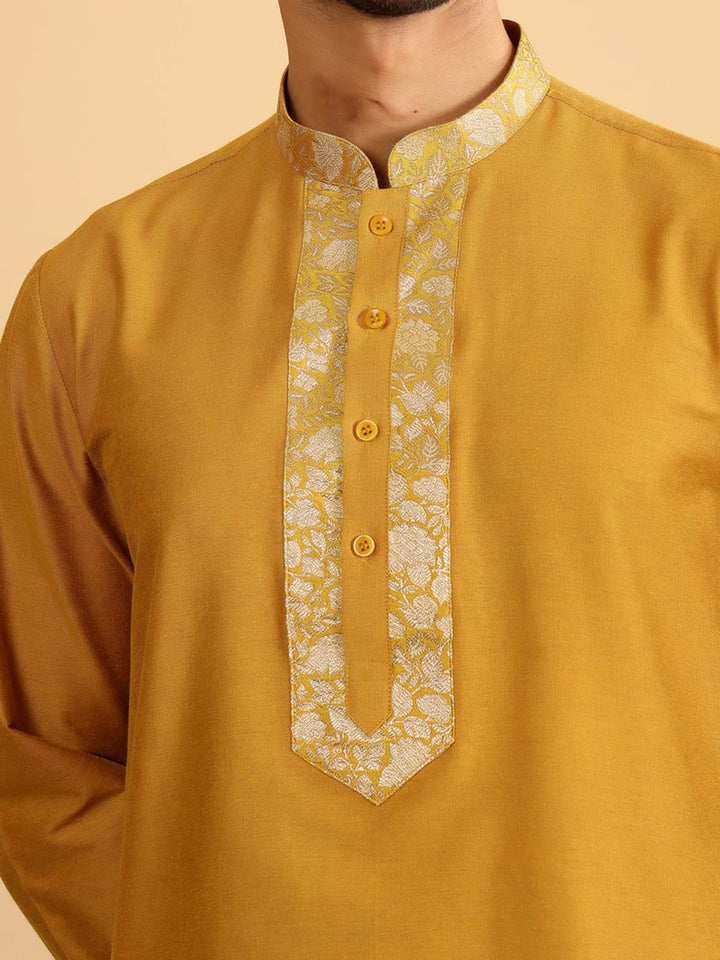 Mustard Delux Cotton Straight Kurta with Jacquard Neck Design