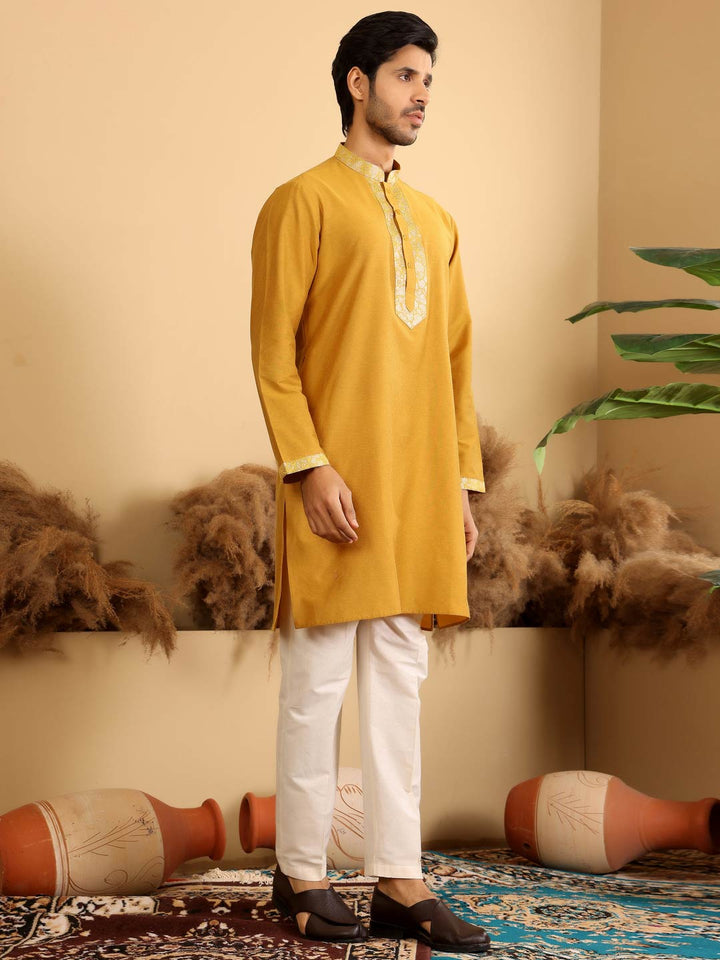 Mustard Delux Cotton Straight Kurta with Jacquard Neck Design