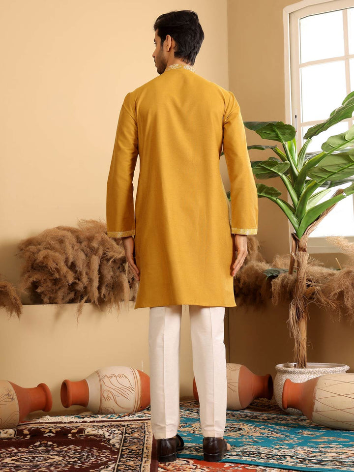 Mustard Delux Cotton Straight Kurta with Jacquard Neck Design