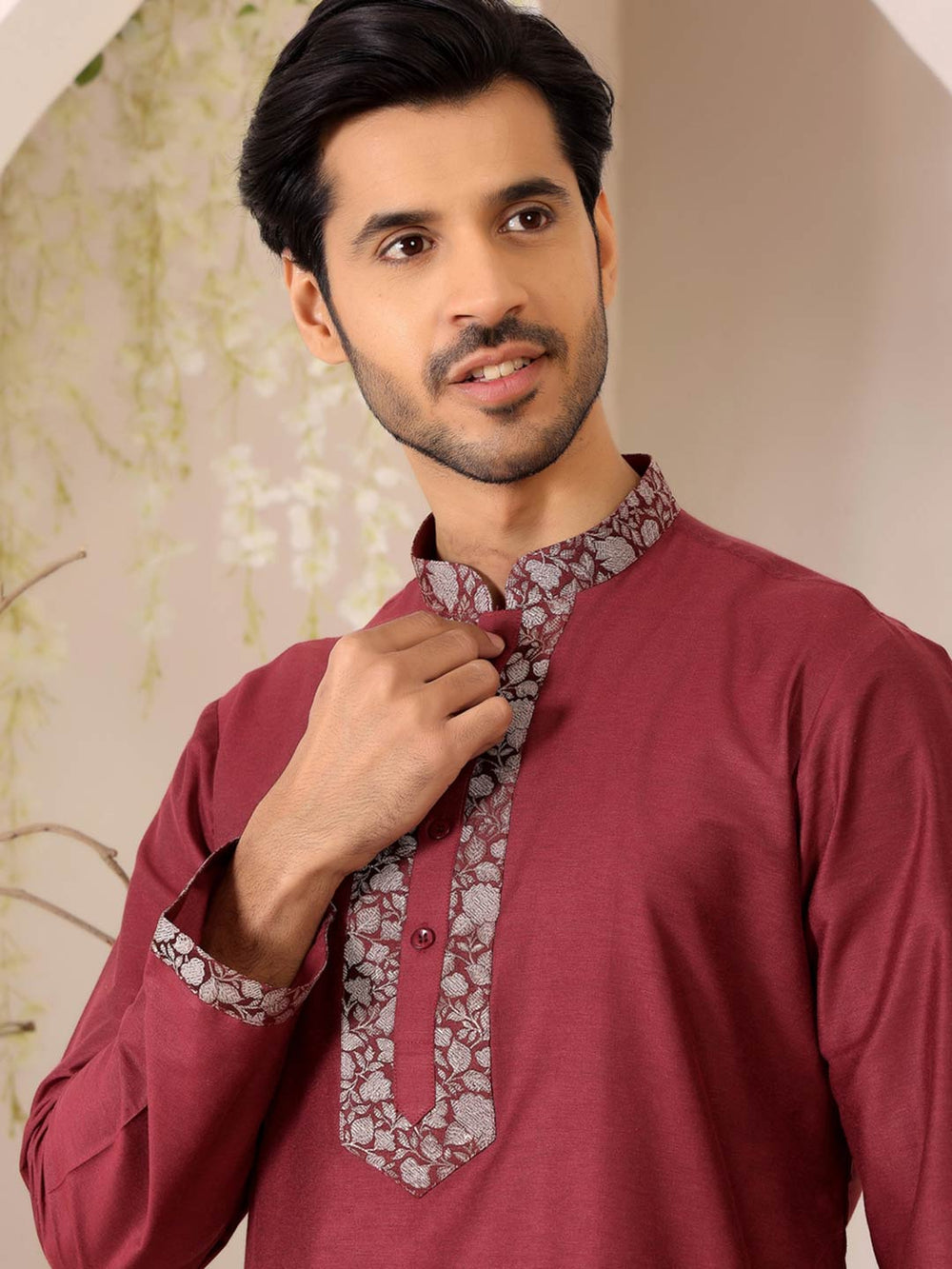 Burgundy Delux Cotton Straight Kurta with Jacquard Neck Design – Burgundy