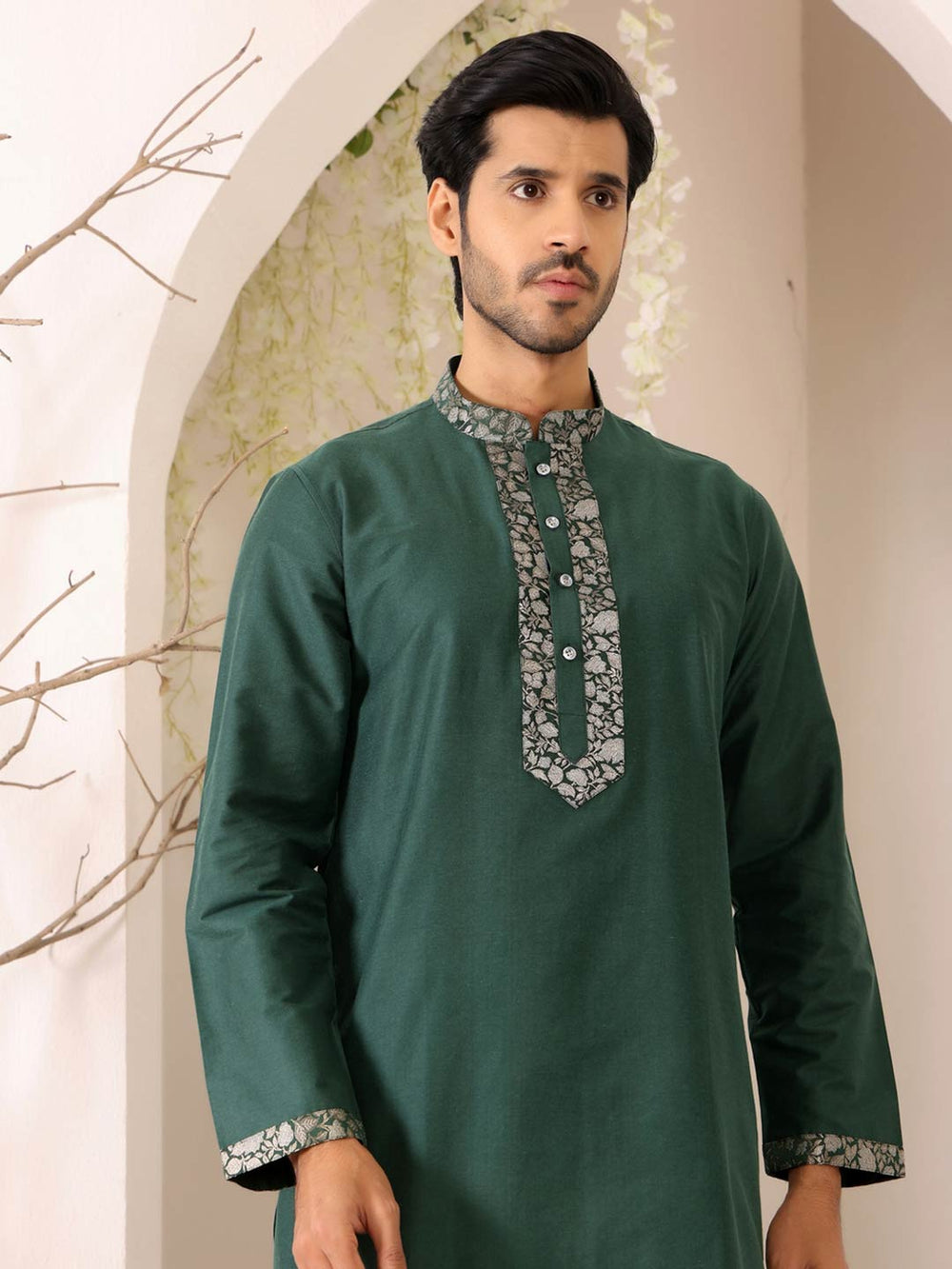 Forest Green Delux Cotton Straight Kurta with Jacquard Neck Design – Green