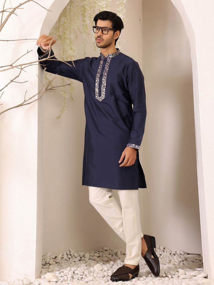 Midnight Blue Delux Cotton Straight Kurta with Jacquard Neck Design