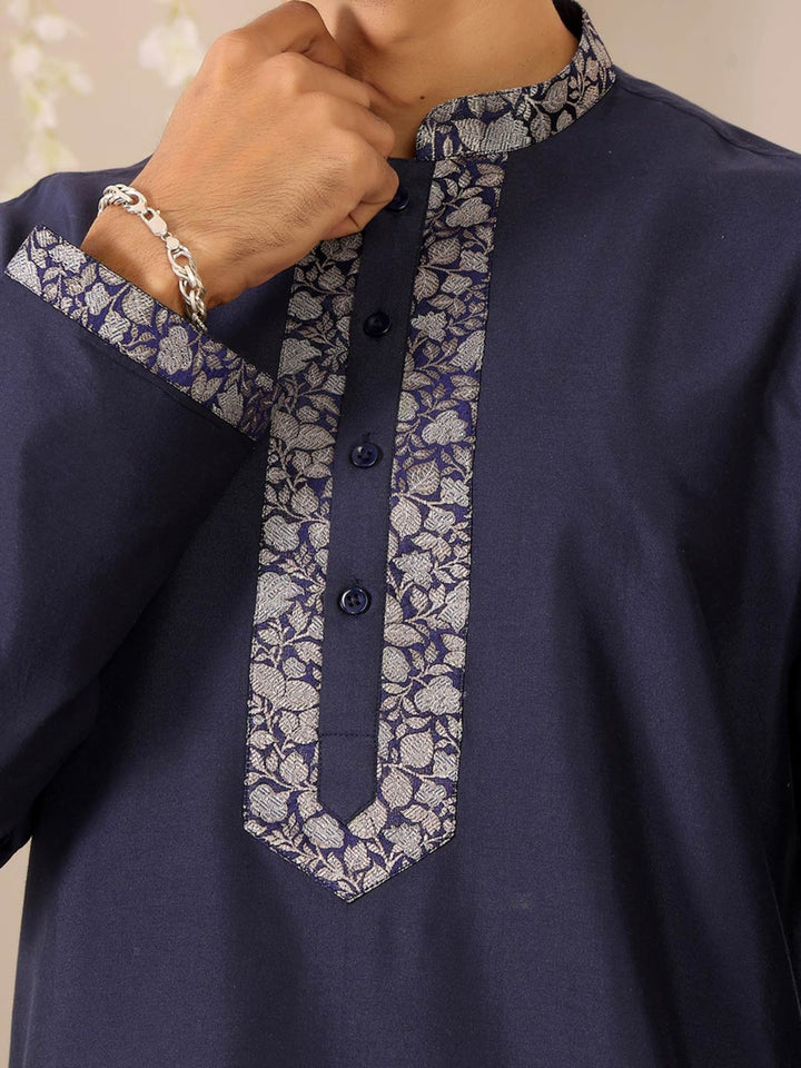 Midnight Blue Delux Cotton Straight Kurta with Jacquard Neck Design