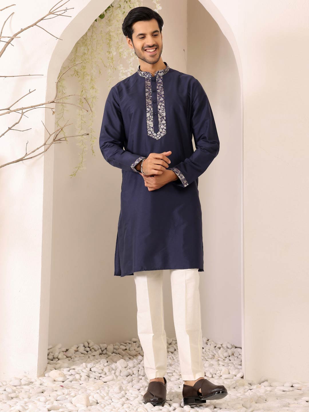 Midnight Blue Delux Cotton Straight Kurta with Jacquard Neck Design