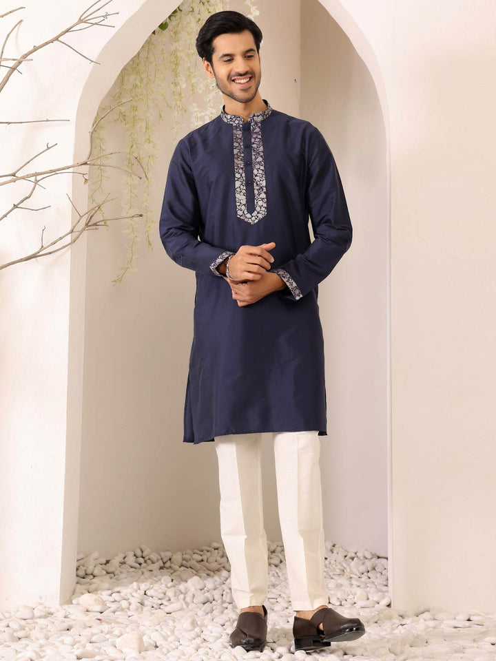 Midnight Blue Delux Cotton Straight Kurta with Jacquard Neck Design