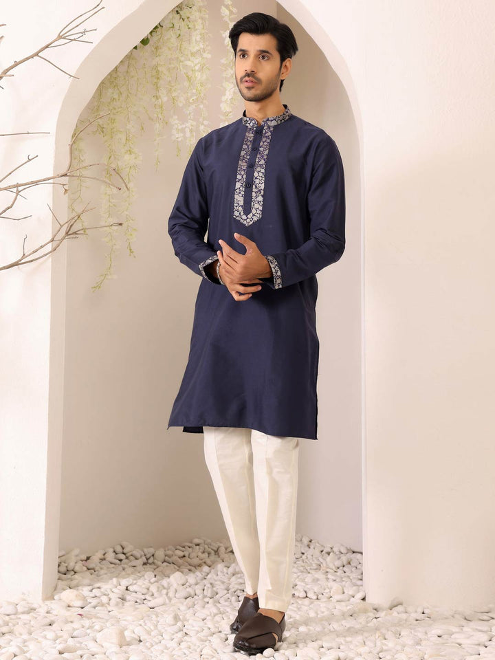 Midnight Blue Delux Cotton Straight Kurta with Jacquard Neck Design