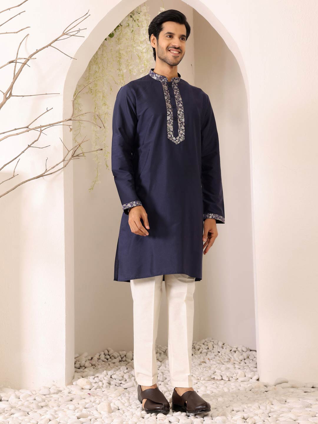 Midnight Blue Delux Cotton Straight Kurta with Jacquard Neck Design