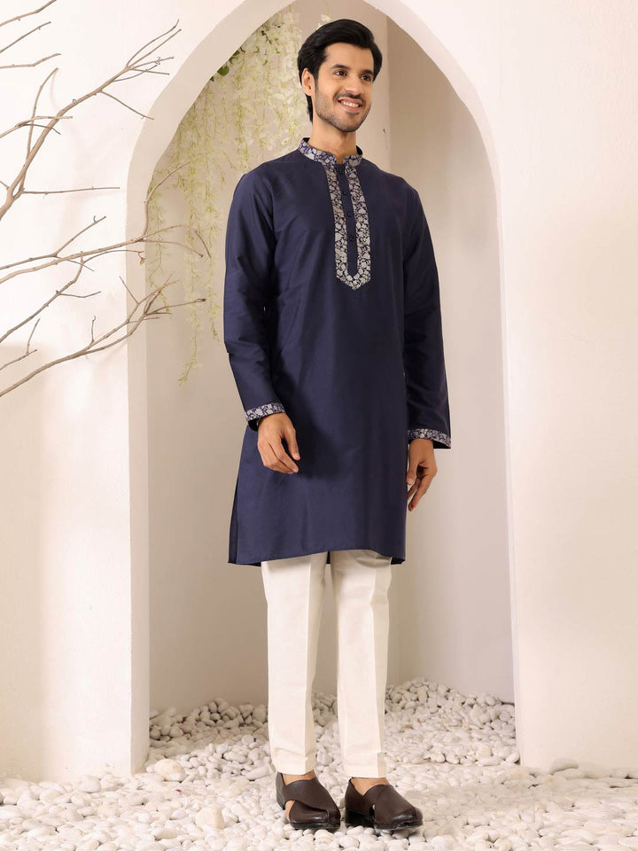Midnight Blue Delux Cotton Straight Kurta with Jacquard Neck Design