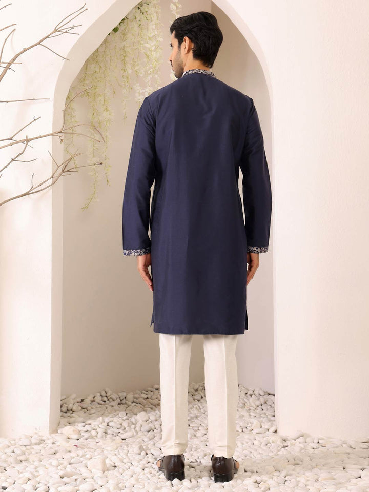 Midnight Blue Delux Cotton Straight Kurta with Jacquard Neck Design