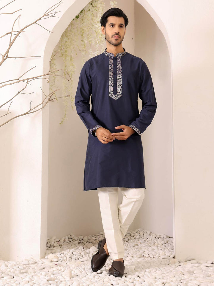 Midnight Blue Delux Cotton Straight Kurta with Jacquard Neck Design