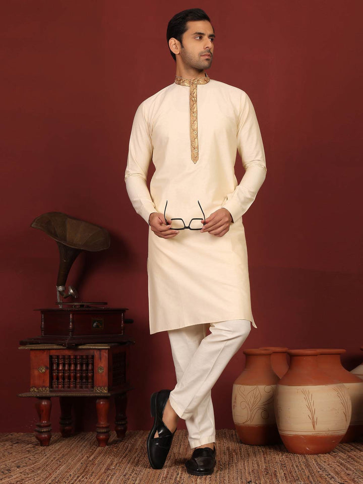 Cream Delux Cotton Straight Kurta with Embroidered Neck