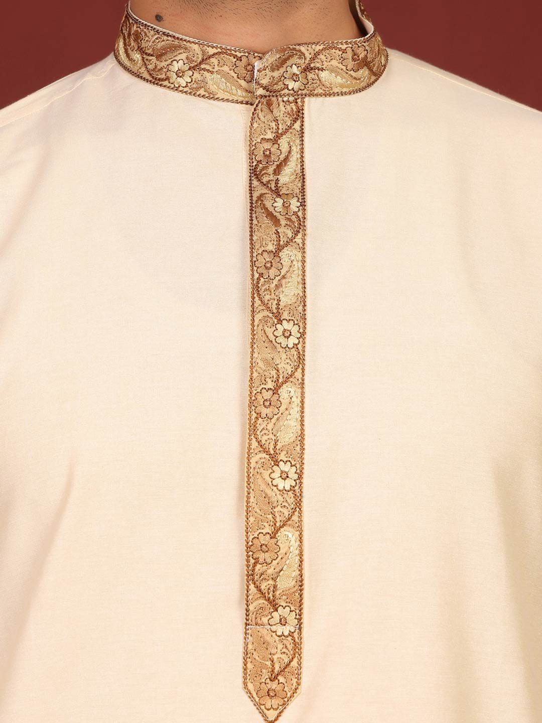 Cream Delux Cotton Straight Kurta with Embroidered Neck