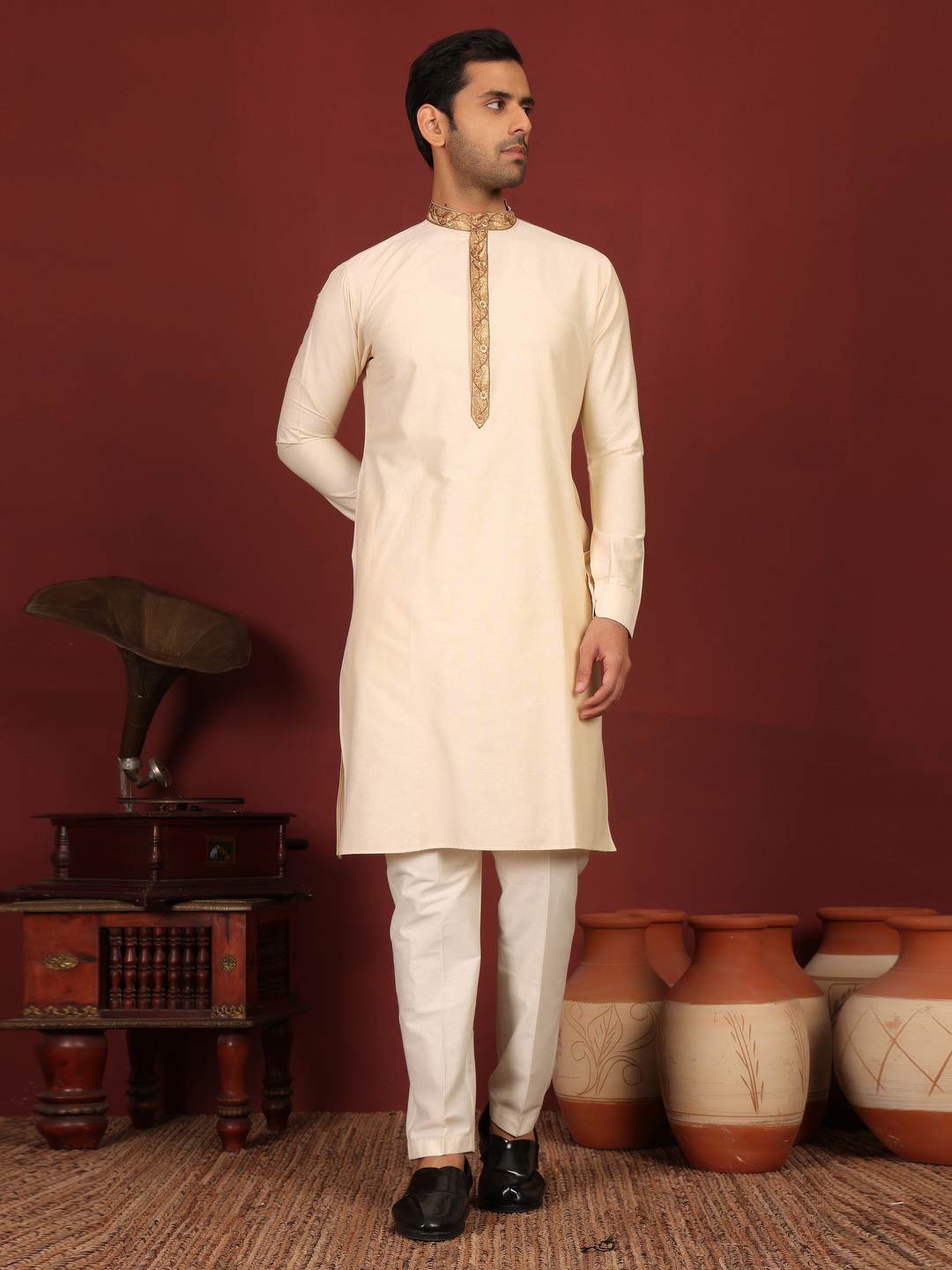 Cream Delux Cotton Straight Kurta with Embroidered Neck