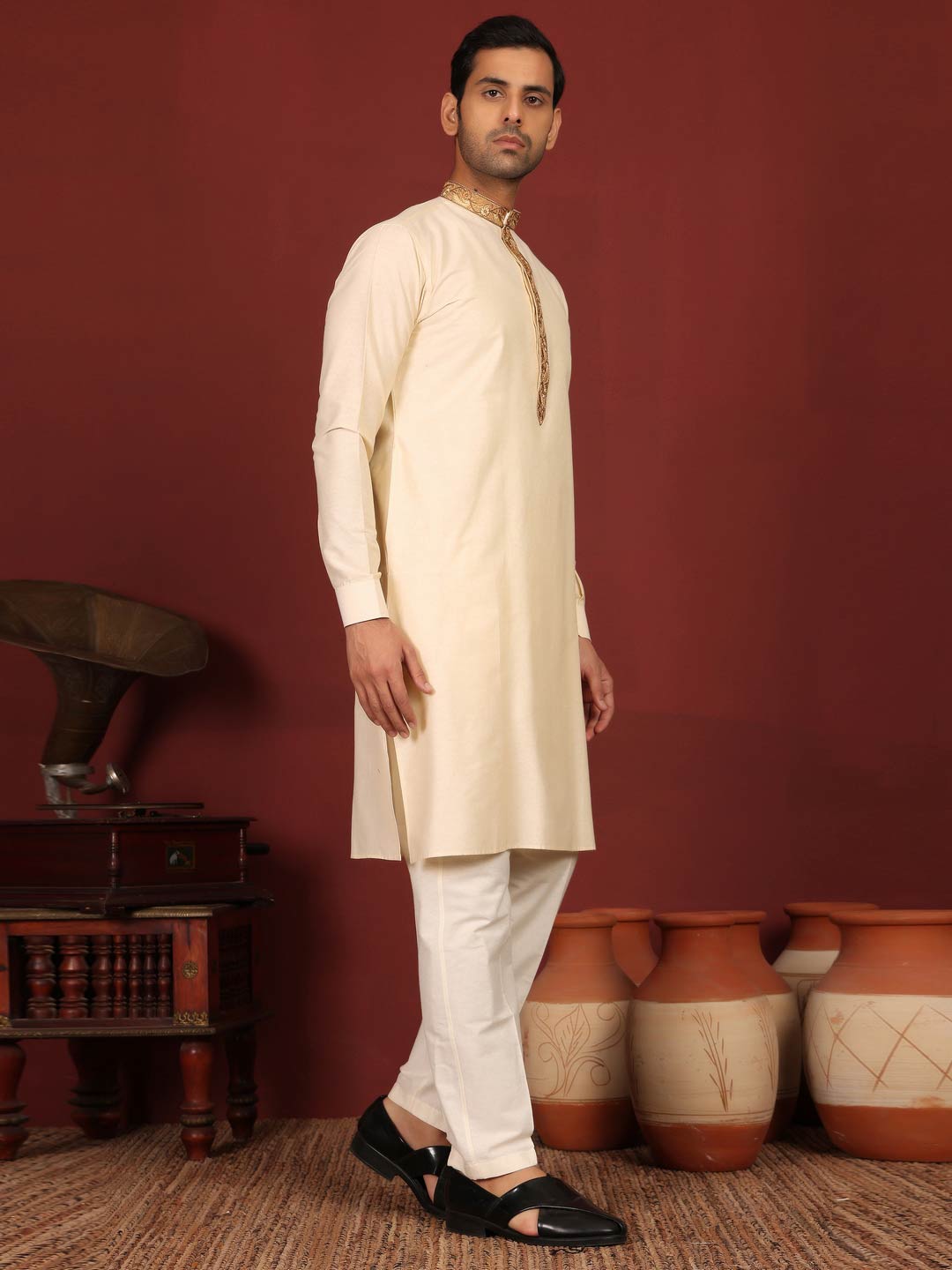 Cream Delux Cotton Straight Kurta with Embroidered Neck