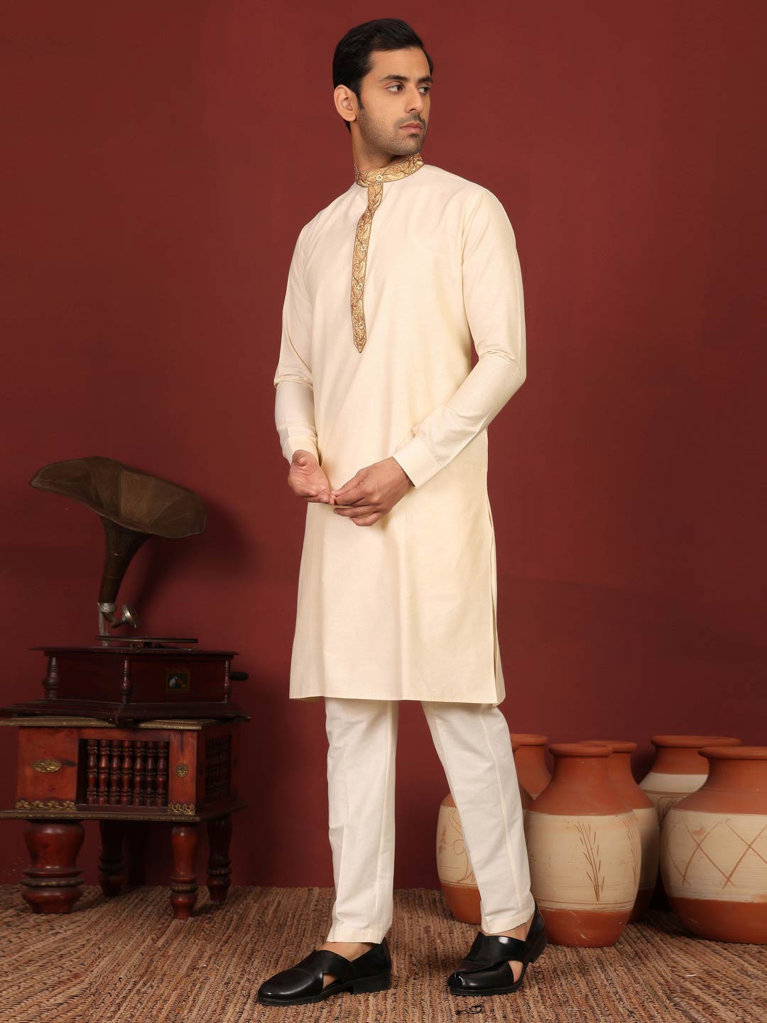 Cream Delux Cotton Straight Kurta with Embroidered Neck