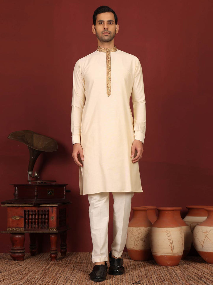 Cream Delux Cotton Straight Kurta with Embroidered Neck