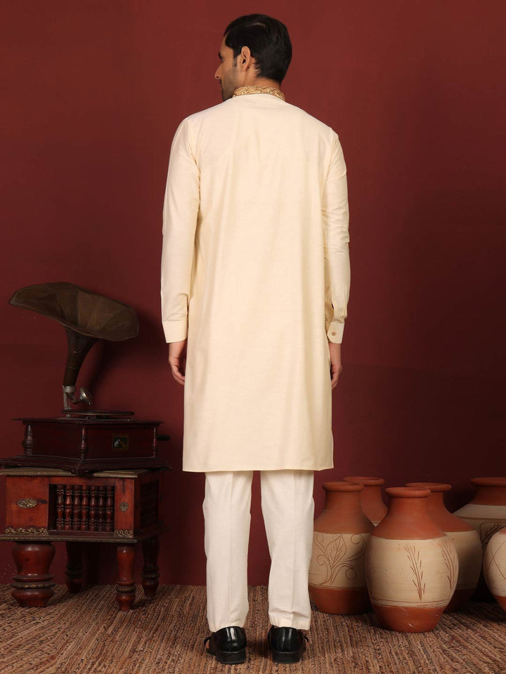 Cream Delux Cotton Straight Kurta with Embroidered Neck