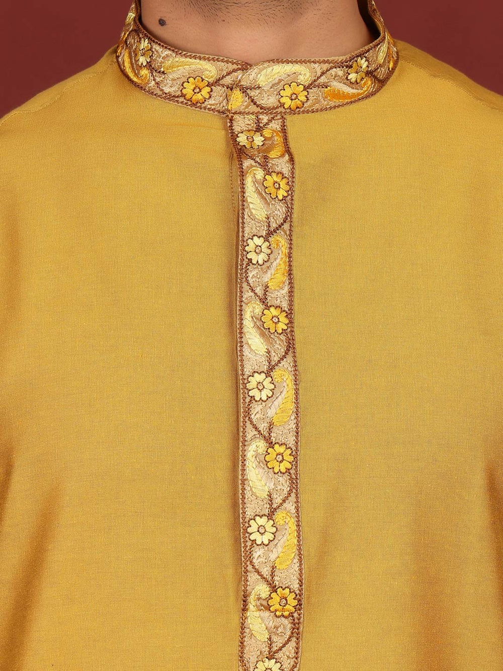 Dark Gold Delux Cotton Straight Kurta with Embroidered Neck – Gold