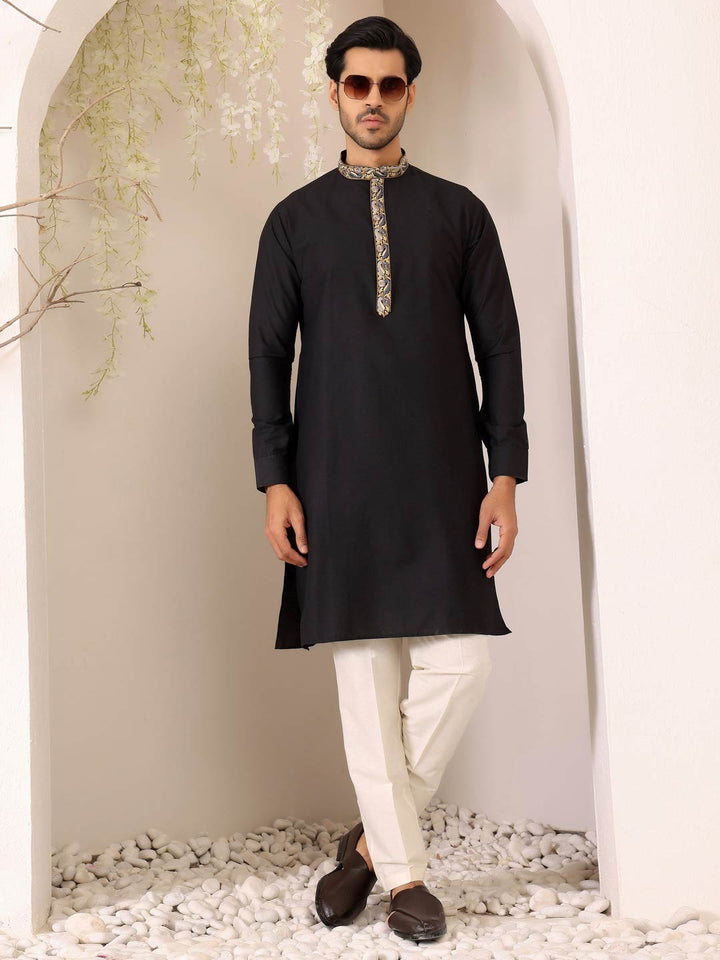 Charcoal Black Delux Cotton Straight Kurta with Embroidered Neck