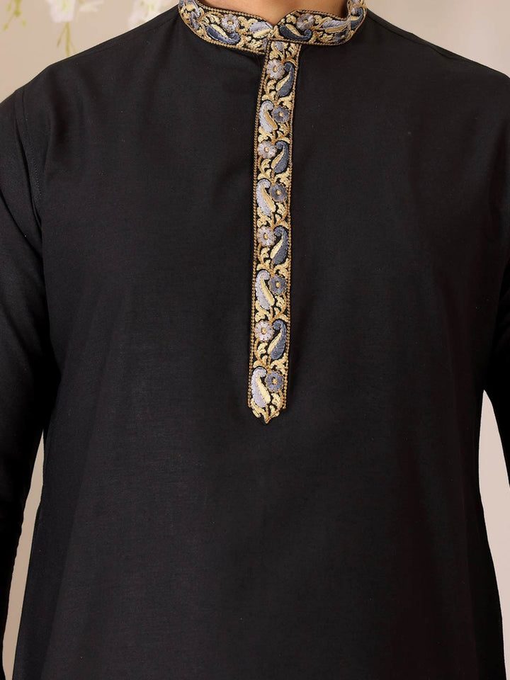 Charcoal Black Delux Cotton Straight Kurta with Embroidered Neck