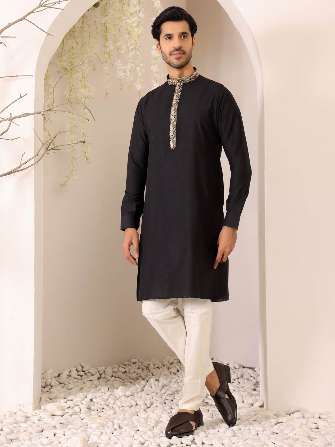 Charcoal Black Delux Cotton Straight Kurta with Embroidered Neck
