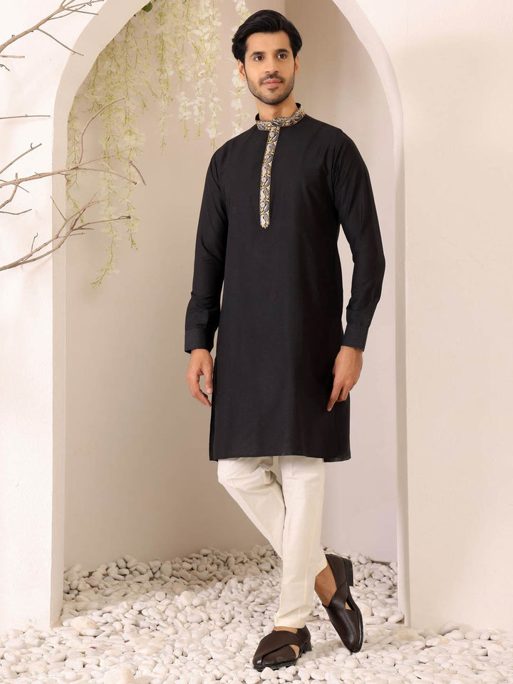 Charcoal Black Delux Cotton Straight Kurta with Embroidered Neck