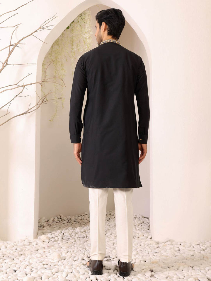 Charcoal Black Delux Cotton Straight Kurta with Embroidered Neck