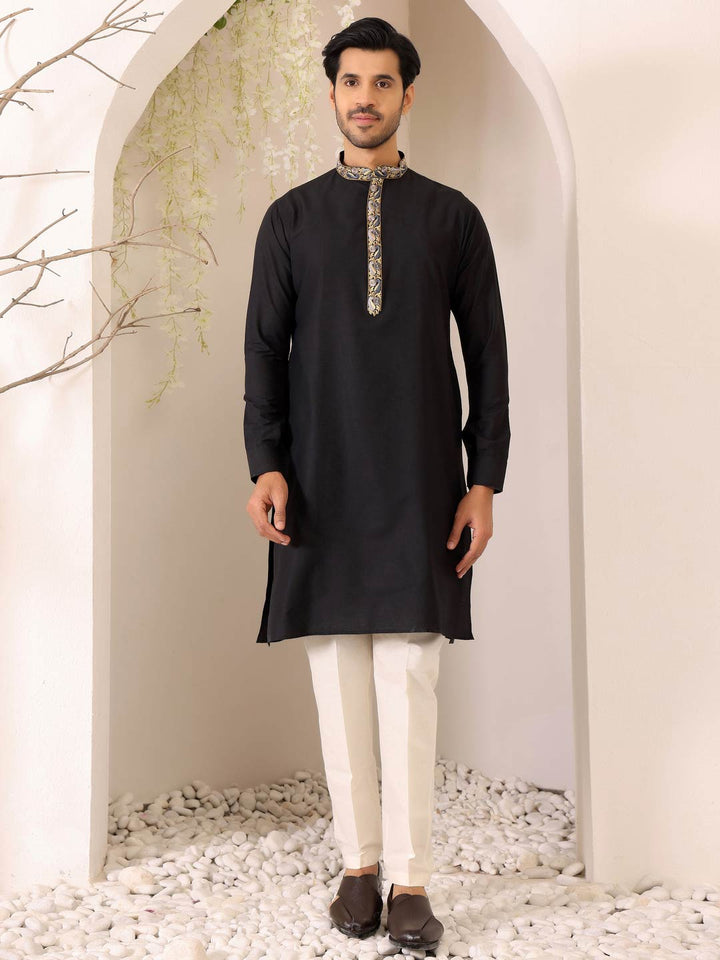 Charcoal Black Delux Cotton Straight Kurta with Embroidered Neck