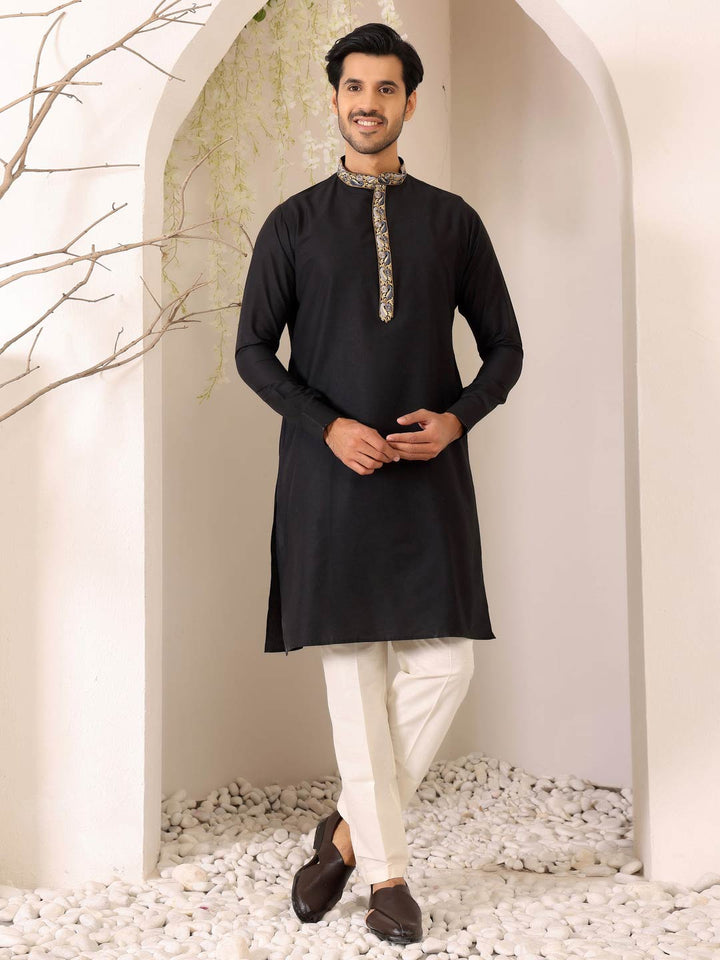 Charcoal Black Delux Cotton Straight Kurta with Embroidered Neck