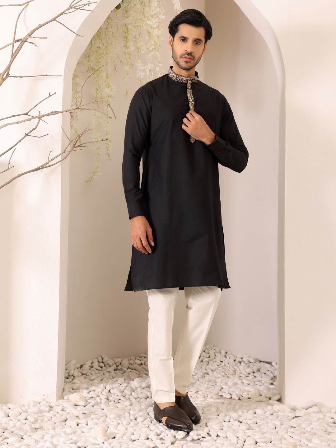 Charcoal Black Delux Cotton Straight Kurta with Embroidered Neck