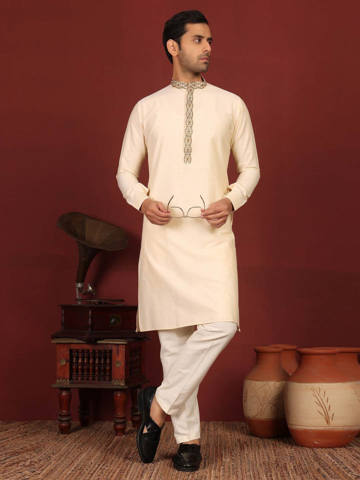 Dairy Cream Delux Cotton Straight Kurta with Embroidered Neck