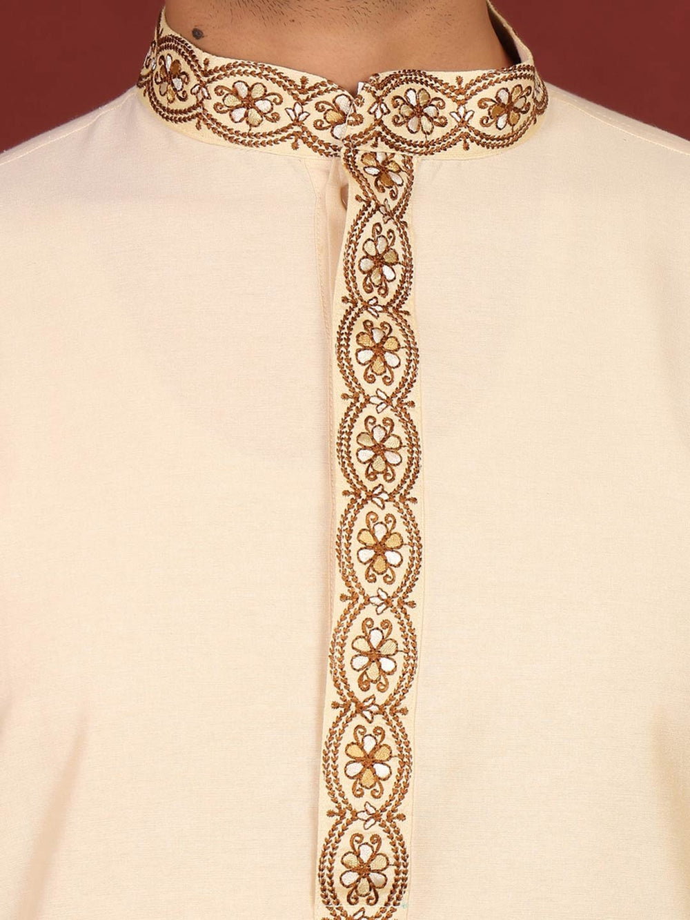 Dairy Cream Delux Cotton Straight Kurta with Embroidered Neck – Cream