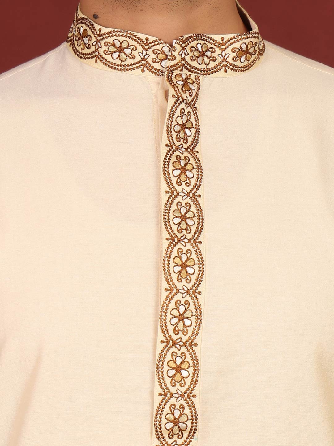Dairy Cream Delux Cotton Straight Kurta with Embroidered Neck