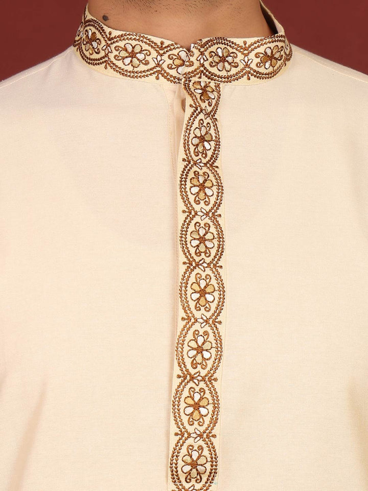 Dairy Cream Delux Cotton Straight Kurta with Embroidered Neck