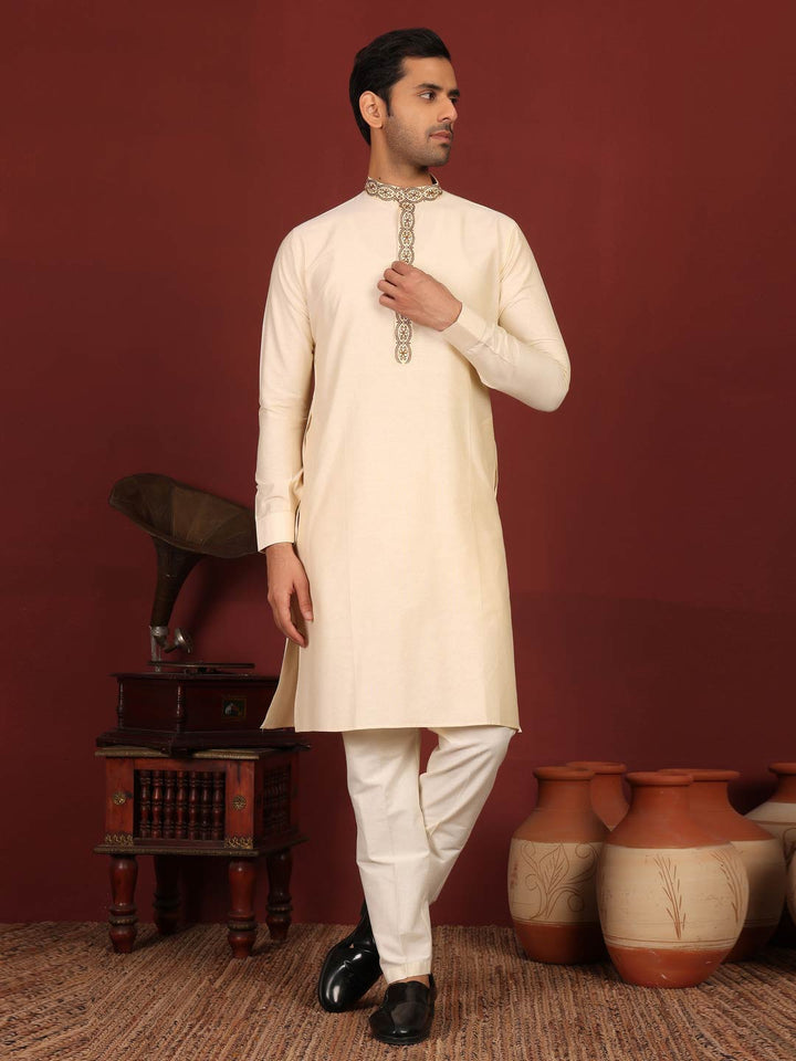 Dairy Cream Delux Cotton Straight Kurta with Embroidered Neck