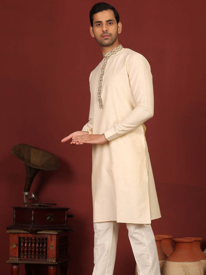 Dairy Cream Delux Cotton Straight Kurta with Embroidered Neck