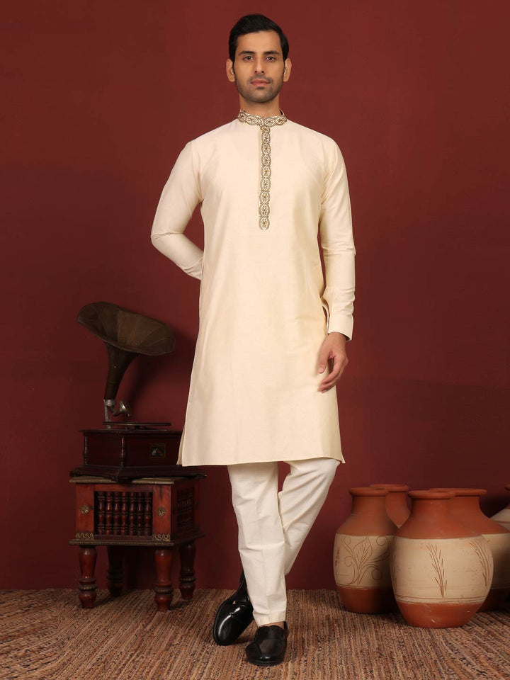 Dairy Cream Delux Cotton Straight Kurta with Embroidered Neck