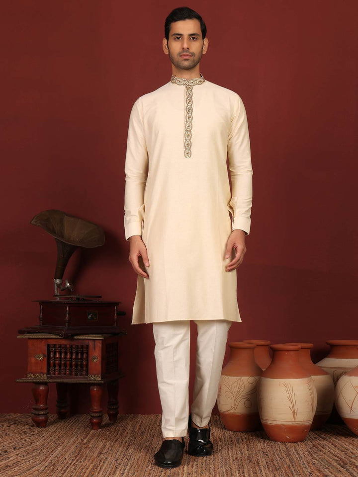 Dairy Cream Delux Cotton Straight Kurta with Embroidered Neck