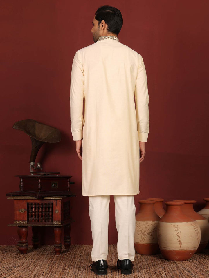 Dairy Cream Delux Cotton Straight Kurta with Embroidered Neck