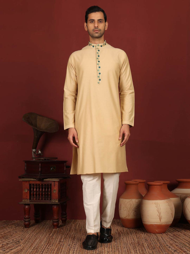 Tan Color Delux Cotton Straight Kurta with Embroidered Neck