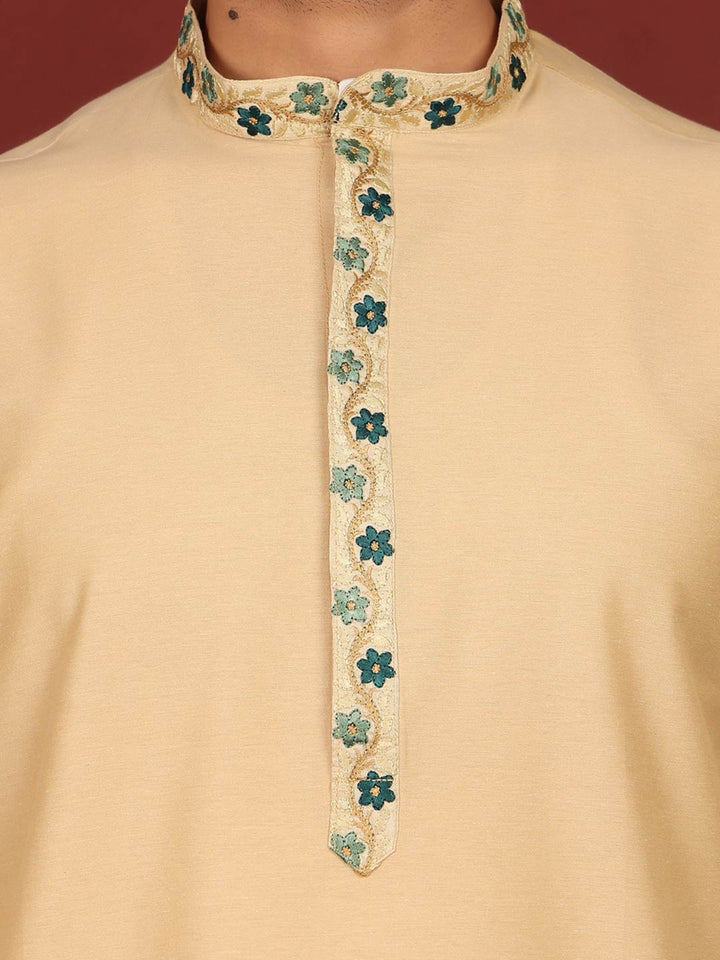 Tan Color Delux Cotton Straight Kurta with Embroidered Neck