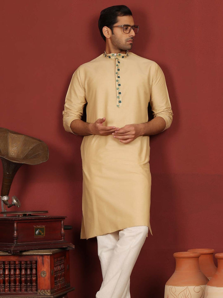 Tan Color Delux Cotton Straight Kurta with Embroidered Neck