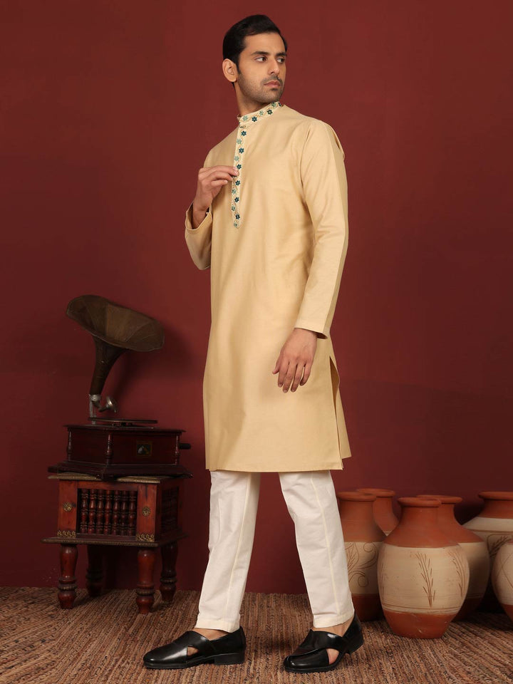 Tan Color Delux Cotton Straight Kurta with Embroidered Neck