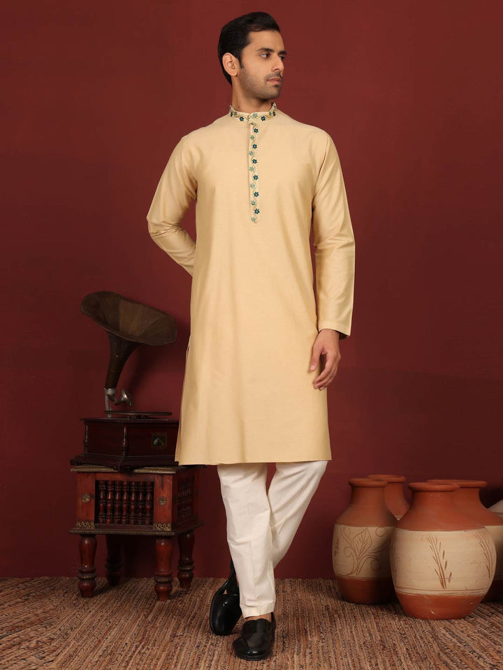 Tan Color Delux Cotton Straight Kurta with Embroidered Neck